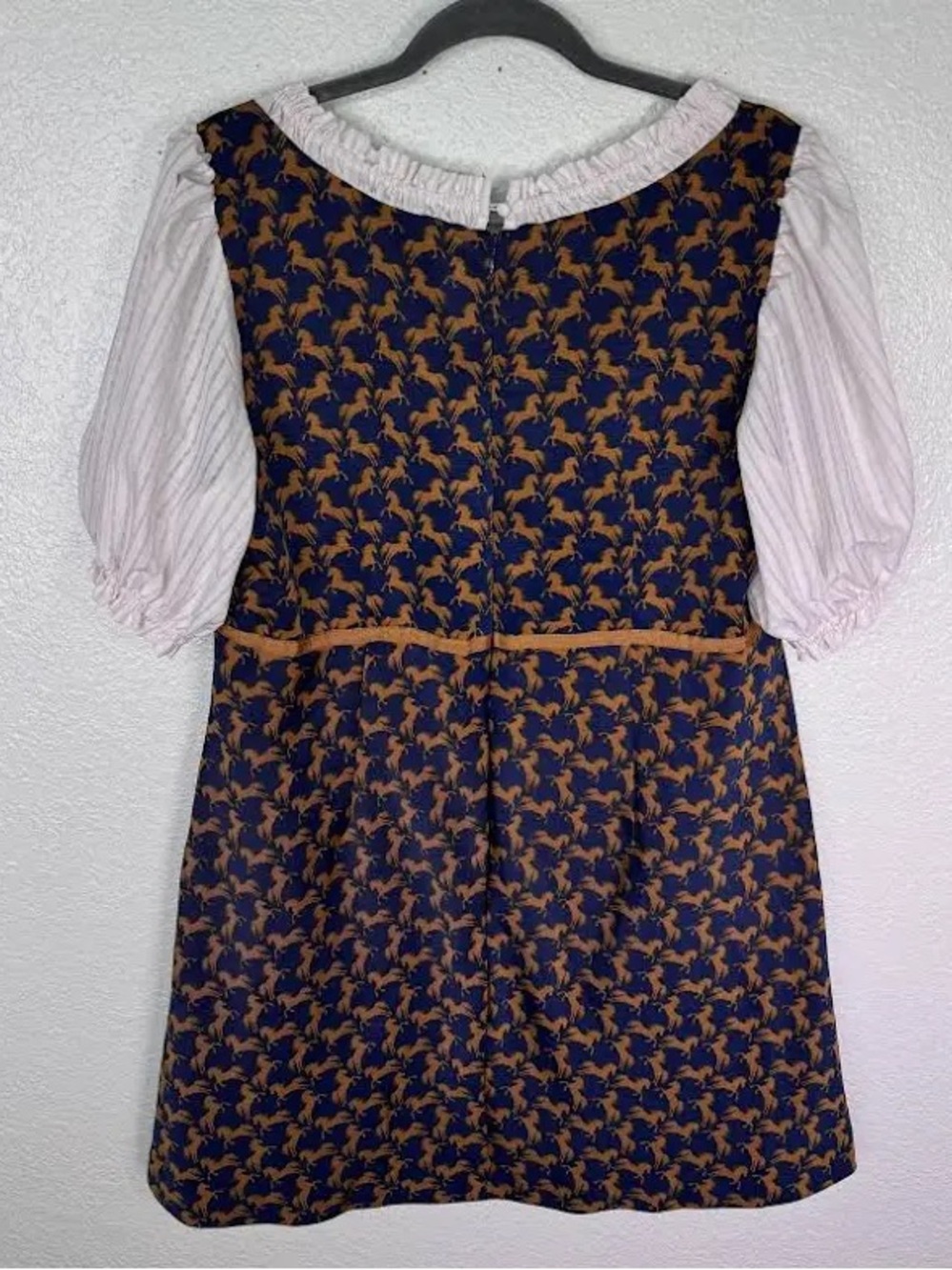 Maeve Equestrian Blue and Mustard Dress with puff sleeve - Picture 3 of 4